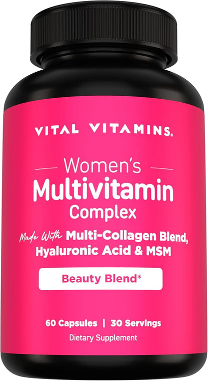 Vital Vitamins Women's Multivitamin Complex - Made with Multi-Collagen Blend, Hyaluronic Acid, & MSM - Beauty Multivitamins - with Vitamin A, C, E, B6, B12, D3-60 Capsules