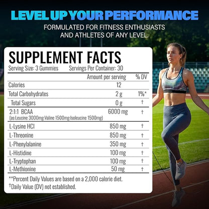 EAA Gummies - 2:1:1 BCAA Formula (8300mg) - Essential Amino Acids for Muscle Recovery & Endurance - Non-GMO, Gluten Free, Sugar Free, Vegetarian, Blue Raspberry Flavor - 90 Count