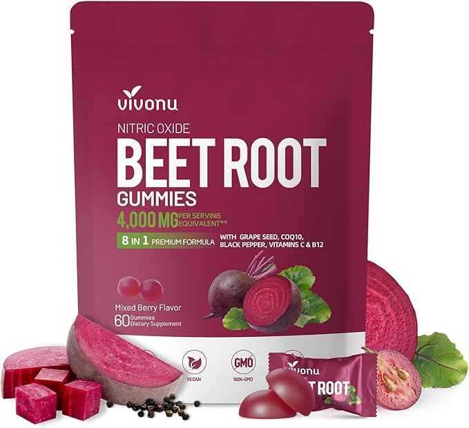 VivoNu Beet Root Gummies 8-in-1 Premium Energy Supplement with CoQ10, Beetroot Extract, Grape Seed Extract, Black Pepper Extract, Vitamins C & B12, L-Arginine & L-Citrulline