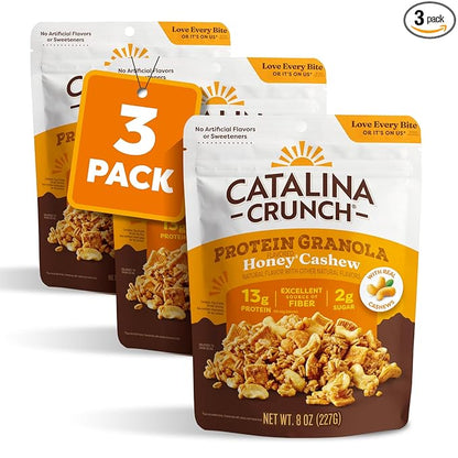 Catalina Crunch Protein Granola - Low Sugar Breakfast Cereal with 13g of Protein - Gluten Free, Keto Friendly - Honey Cashew - 8 oz. Bag (Pack of 3)