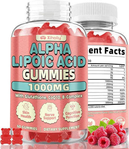Alpha Lipoic Acid Gummies 1000 MG, High Potency Chewable ALA Supplement with Glutathione, CoQ10, Vitamin B Complex for Antioxidant, Cognitive, Nerve* Support, Sugar-Free, Raspberry Flavor, 60 Counts