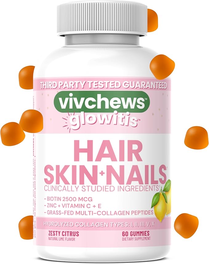 Glowitis Hair, Skin & Nails Gummies for Thick Hair, Strong Nails & Healthy Skin with Hydrolyzed Multi-Collagen Peptides, Biotin, Zinc, Vitamins C & E, Gluten-Free, Zesty Citrus Flavor, 60 Ct