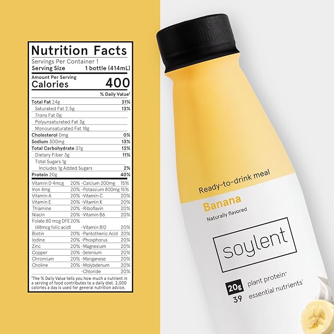 Soylent Banana Meal Replacement Shake,Ready-to-Drink Plant Based Protein Drink,Contains 20g Complete Vegan Protein and 1g Sugar,14oz,(Pack of 24)