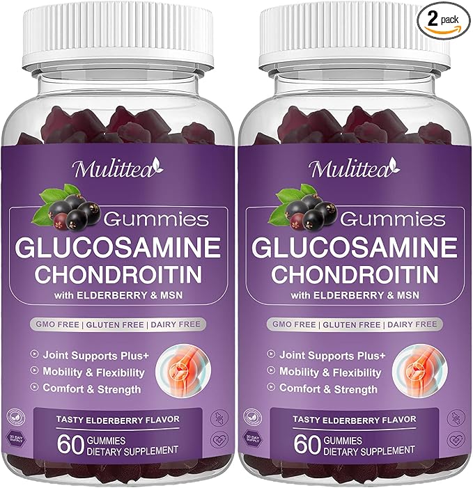 Mulittea Glucosamine Chondroitin Gummies - Extra Strength Joint Support Supplement with MSM & Elderberry for Natural Joint, Antioxidant Immune Support for Adults, Men & Women-(2 Pack)