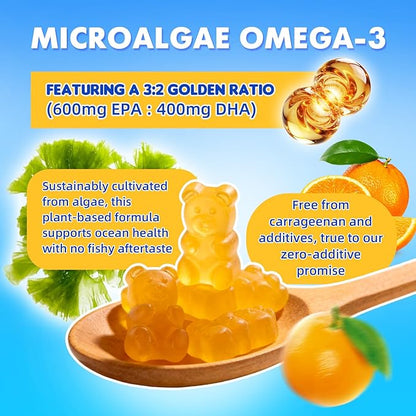 Vegan Omega-3 Gummies - 1600mg with 600mg EPA & 400mg DHA. High Absorption Formula. Delicious Orange Flavor - 60 Gummies