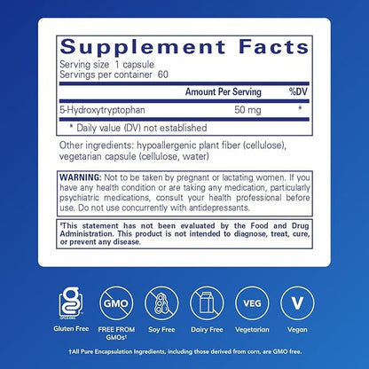 Pure Encapsulations 5-HTP 50 mg | 5-Hydroxytryptophan Supplement for Brain, Sleep, Eating Behavior, and Serotonin Support* | 60 Capsules