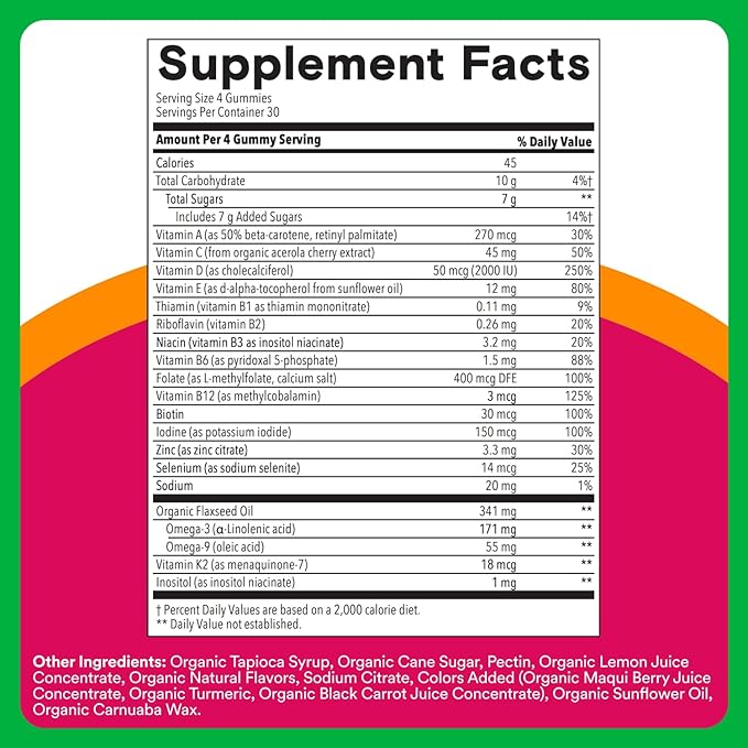 SmartyPants Organic Women's Multivitamin Gummies: Biotin, Methylfolate, Omega 3 (ALA), Vitamin D3, C, Vitamin B12, B6, A, K & Zinc, Inositol, Gluten Free, Vegetarian, 120 Count (30 Day Supply)
