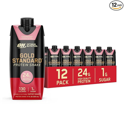 Optimum Nutrition Gold Standard Protein Shake, 24g Protein, Ready to Drink Protein Drinks, Strawberry, 11 Fl Oz, 12 Count (Pack of 1) (Packaging May Vary)