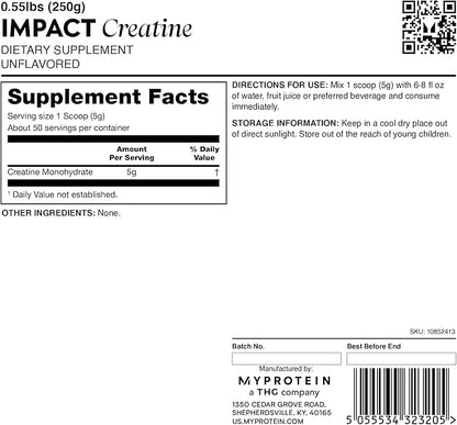 Myprotein Creatine Monohydrate Powder, 50 Servings (0.55lbs) Pure Unflavored Creatine Powder, Post/Pre Workout Supplement for All Sports & Exercises
