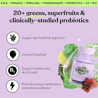 Lemme Greens Superfood Gummies w/Multi - Support Gut Health & Reduce Bloating, 20+ Organic Greens and Superfruits, Clinically Studied Probiotics, D3, B12 - Berries & Greens Flavored (60 Count)