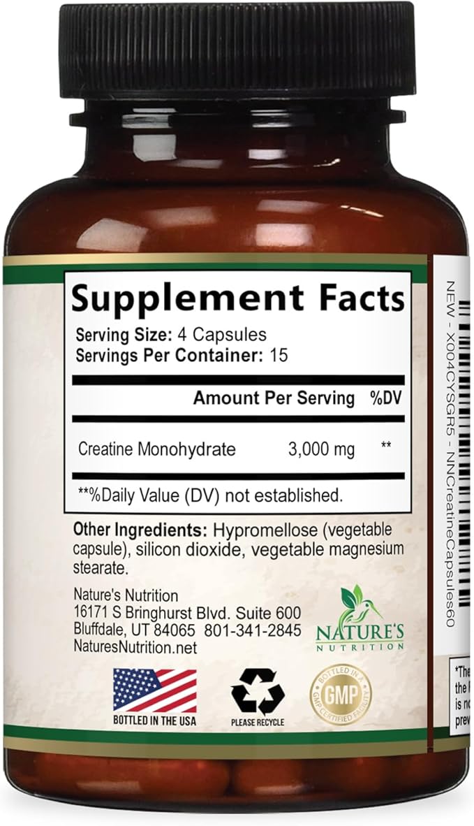 Creatine Monohydrate 3000mg Per Serving – Micronized Creatine Powder Capsules - Supports Lean Muscle, Strength, Energy, & Endurance - Nature's Supplement, Non-GMO, Bottled in USA - 60 Capsules
