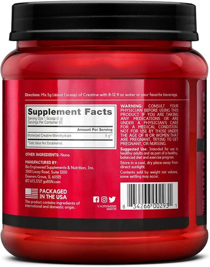 BSN Micronized Creatine Monohydrate Powder, Unflavored Creatine Powder, Micronized, Supports Muscle Building, Supports Muscle Strength, Gym Supplement, 5g per Serving, 5000mg per Servings, 60 Servings