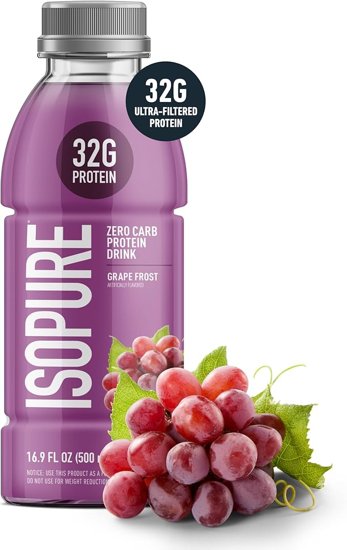 Isopure Zero Carb 32g Clear Protein Ready-to-Drink, Whey Protein Isolate, Grape Frost, 12 Pack (Packaging May Vary)