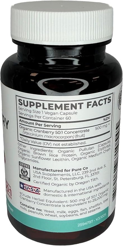 Organic Cranberry Pills - Vegan Supplement for Urinary Tract Health & Kidney Cleanse - Cranberry Pills for Women 500mg 50:1 Cranberry Concentrate Per Serving - Urinary Tract Support - 60 Capsules