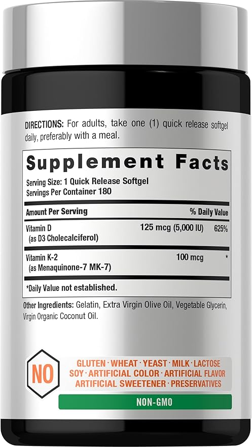 Horbäach Vitamin D3 K2 5000 iu | 100mcg MK-7 Complex | 180 Softgel Capsules | Non-GMO & Gluten Free Supplement