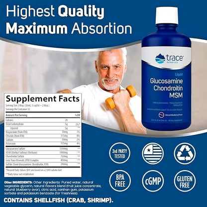 Trace Minerals Liquid Glucosamine Chondroitin MSM | Complete Dietary Supplement for Active Lifestyle | Supports Joints, Cartilage & Mobility | Natural Blueberry Flavor | 32 Servings, 32 fl oz
