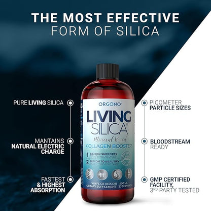 Living Silica ORGONO Collagen Booster | Vegan Mineral-Based Silica Supplement | Supports Healthy Collagen & Elastin Production for Joint & Bone Support, Glowing Skin, Strong Hair & Nails | 16.9 Fl Oz
