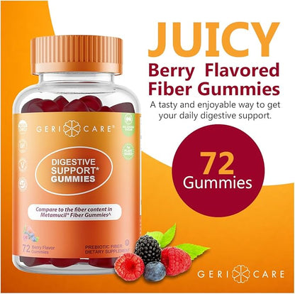 GeriCare Prebiotic Digestive Support, Gummies Compare to Metamucil Fiber Gummies, Berry Flavor, 72 Count, Plant-Based Fiber for Gut Health, Non-GMO, Gluten-Free, Vegan, Fiber Supplement