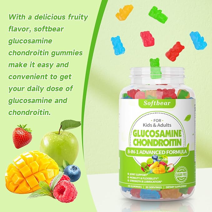 softbear Glucosamine Chondroitin Gummies for Adults, Sugar Free Chondroitin & Glucosamine Nutritional Supplements for Joint Support, Mixed Fruit Flavor, 60 Count