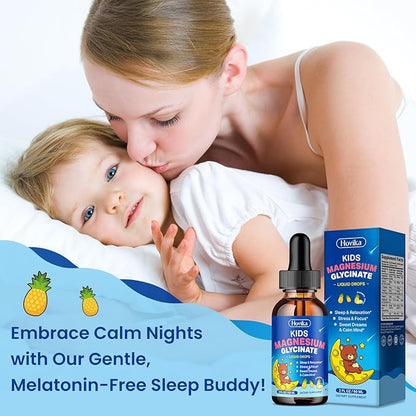 Kids Magnesium Glycinate Liquid with L-Theanine Omega-3, Vitamin B6, D3, Zinc, Magnesium Liquid Drops for Kids Sleep, Relaxation, Calm & Focus, 2 Fl Oz Pineapple Flavor