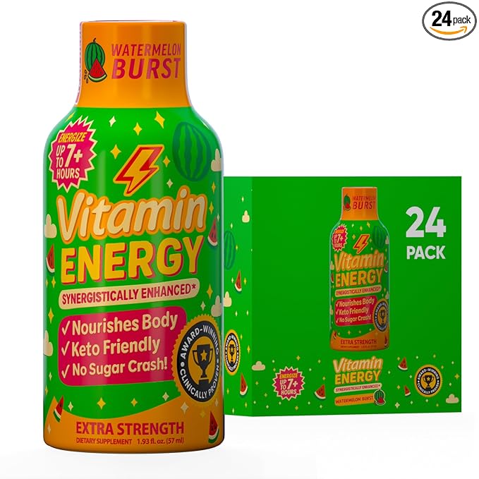 Vitamin Energy Immune+ Extra Strength Energy Shot Watermelon Burst 24 Pack, 260mg Natural Caffeine, B-Vitamins, Citicoline, Green Tea, Immunity & Focus Support, Zero Sugar, Gluten-Free 1.93 fl oz