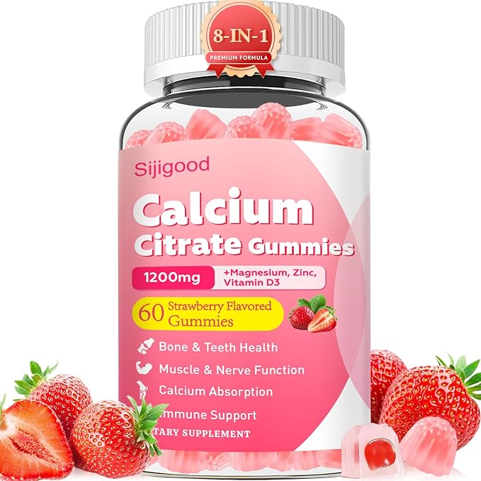 Calcium Citrate Gummies, Calcium Supplements for Women & Men, High Absorption Calcium Gummies with Vitamin D3, Magnesium & Zinc for Muscle, Bone & Immune Support, Strawberry Flavor, 60 Count