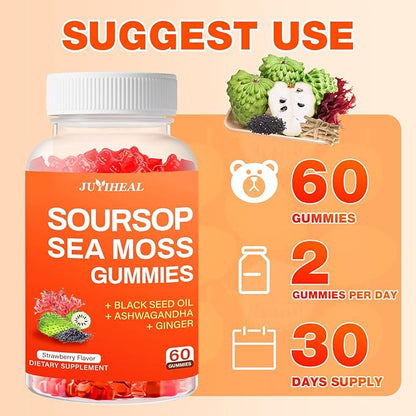 10-in-1 Soursop Graviola with Sea Moss Gummies, Soursop Leaves Extract with Vitamin C, Zinc for Immunity and Antioxidant, Gluten Free, Vegan 60 Gummies 2Pack