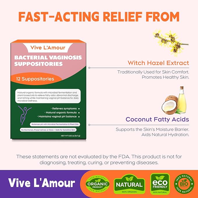 Vive L'Amour Vaginal Suppositories | Relieves Bacterial Vaginosis (BV) Symptoms: Fishy Odor, Itching, Abnormal Discharge | Natural Plant-Based Formula | 12 Inserts