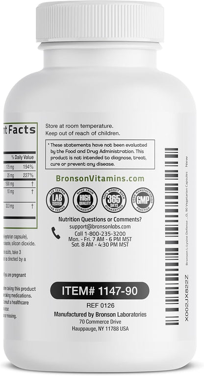 Bronson L-Lysine Defense Immune Support Complex 1500 MG L-Lysine Plus Olive Leaf, Garlic, Vitamin C and Zinc - Non-GMO, 90 Vegetarian Capsules