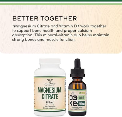 Magnesium Citrate 800mg, 180 Capsules, Digestion & Constipation Support, Vegan Safe, Non-GMO, Double Wood Supplements