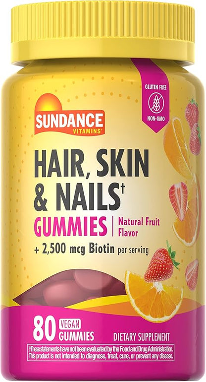 Sundance Hair, Skin, and Nails Gummies with Biotin | 2500 mcg | 80 Count | Fruit Flavor Vitamin | Vegan, Non-GMO & Gluten Free Supplement