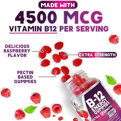 B12 Energy Gummies - 4500 mcg Vitamin B12 Per Serving - Extra Strength Chewable B12 Supplement for Energy, Metabolism & Immune Support - For Women, Men & Kids - Natural & Berry Flavored - 60 Gummies