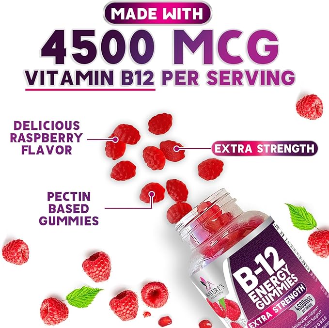 B12 Energy Gummies - 4500 mcg Vitamin B12 Per Serving - Extra Strength Chewable B12 Supplement for Energy, Metabolism & Immune Support - For Women, Men & Kids - Natural & Berry Flavored - 120 Gummies