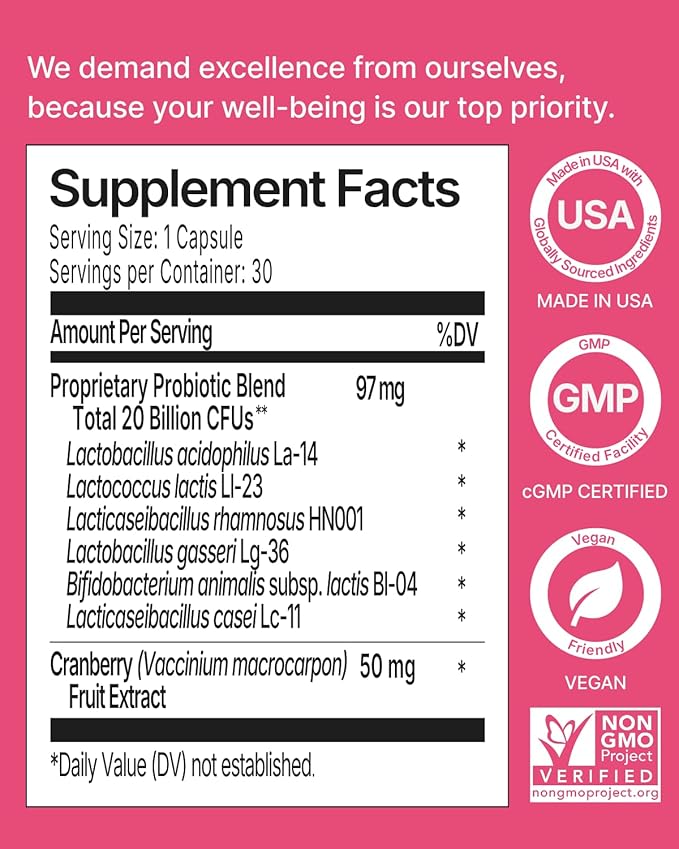 Probiotics for Women Vaginal Health - pH Balance, Yeast, Odor Control Supplement - 20 Billion CFU, 6 Authentic Strains with Natural Cranberry for Urinary & Gut Health - 30 CT