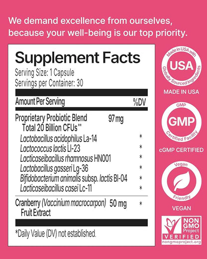 Probiotics for Women Vaginal Health - pH Balance, Yeast, Odor Control Supplement - 20 Billion CFU, 6 Authentic Strains with Natural Cranberry for Urinary & Gut Health - 30 CT