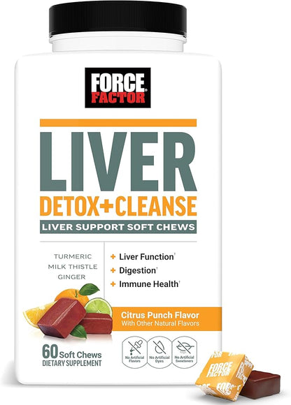 Force Factor Liver Detox, Liver Cleanse Detox & Repair Supplement, with Milk Thistle, Turmeric & Ginger to Support Digestion & Immune Health, Citrus Punch, 60 Soft Chews