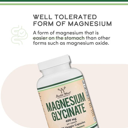 Magnesium Glycinate 400mg | 180 Capsules | Sleep, Muscle, & Heart Support | Vegan, Third Party Tested, Gluten Free, Non-GMO, by Double Wood Supplements