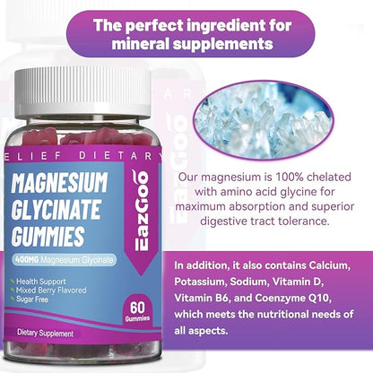 Magnesium Glycinate Gummies 400mg with L-Threonine 200mg - Sugar-Free Magnesium Potassium Supplement with Vitamin D, B6, CoQ10 for Muscle - 120 Mixed Berry Flavored Gummies