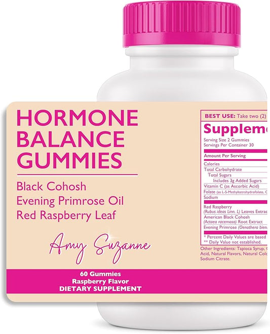 Amy Suzanne Hormone Balance Gummies for Women - Hormone Harmony for Mood, Energy, Bloating - Hormonal PMS, Perimenopause & Menopause Support - Red Raspberry Leaf & Black Cohosh - 60 Gummy Supplements