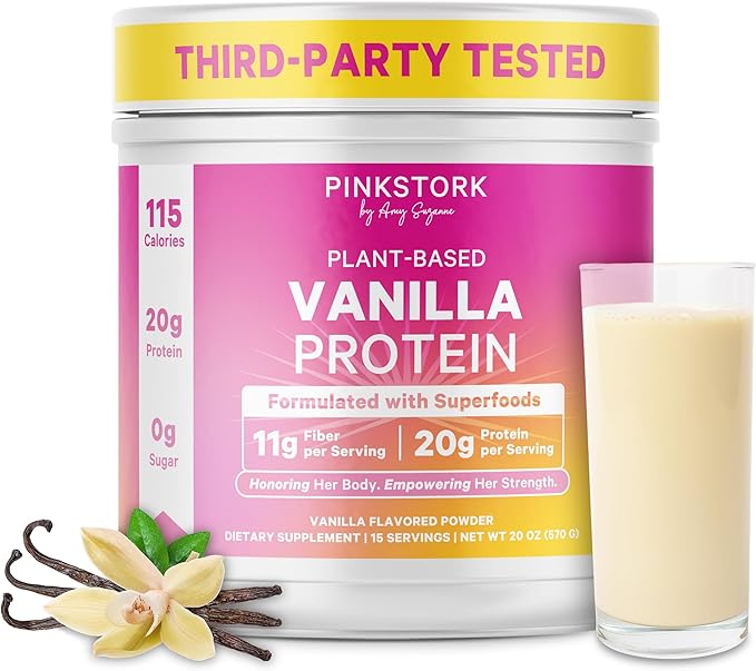 Pink Stork Protein Powder for Women, 20g Plant Based Protein Powder with Fiber + Superfoods, Gluten Free, Dairy Free, Sugar Free, Pregnancy Friendly, Vanilla Protein Shake - 15 Scoops