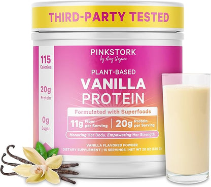 Pink Stork Protein Powder for Women, 20g Plant Based Protein Powder with Fiber + Superfoods, Gluten Free, Dairy Free, Sugar Free, Pregnancy Friendly, Vanilla Protein Shake - 15 Scoops