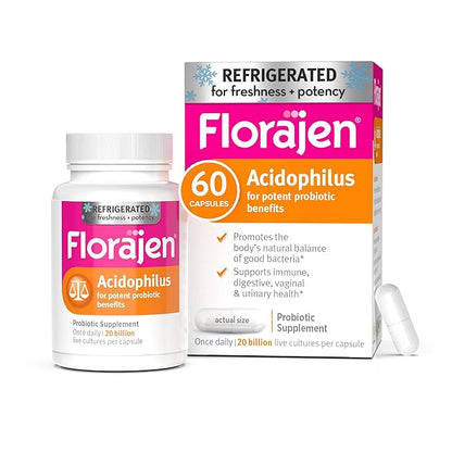 Florajen Acidophilus High Potency Refrigerated Supports Overall Health, 20 Billion CFUs for Potent Probiotic Benefits, Unflavored, 60 Count