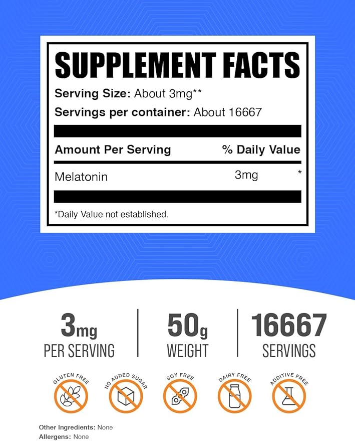 BulkSupplements.com Melatonin Powder - Pure Melatonin, Sleep Aid for Adults - Vegan & Gluten Free, 3mg per Serving, 50g (1.8 oz) (Pack of 1)