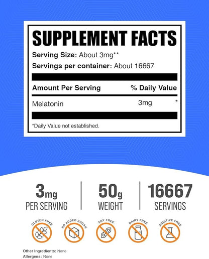 BulkSupplements.com Melatonin Powder - Pure Melatonin, Sleep Aid for Adults - Vegan & Gluten Free, 3mg per Serving, 50g (1.8 oz) (Pack of 1)