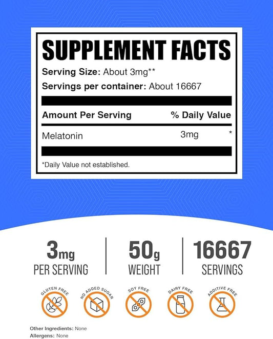 BulkSupplements.com Melatonin Powder - Pure Melatonin, Sleep Aid for Adults - Vegan & Gluten Free, 3mg per Serving, 50g (1.8 oz) (Pack of 1)