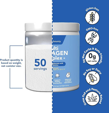 Vitamin Bounty Multi Collagen Peptides Powder for Men & Women (Complex Plus) - 5 Types Hydrolyzed Collagen Protein - Probiotics, Vitamin C & Hyaluronic Acid - Grass Fed Bovine Supplements, 50 Servings