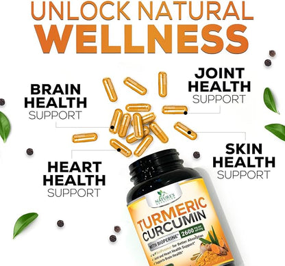 Turmeric Curcumin Supplement - 2400mg Organic Turmeric Per Serving - 95% Curcuminoids & BioPerine Black Pepper Extract for Best Absorption - Natural Vegan Joint Support, Bottled in USA - 120 Capsules