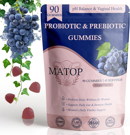 MATOP Vaginal Probiotic Prebiotic Gummies for Women - Vaginal pH Balance & Digestive Support, Grape Flavor, Vegan, Sugar-Free, Gluten-Free, 90 Count