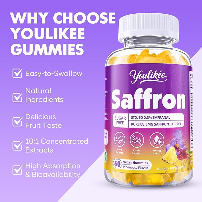 2 Pack Saffron Gummies 88.5mg - Saffron Supplements with Magnesium, Rhodiola Rosea, Ashwagandha, L-Theanine, Vitamins D3 & B6, Zinc - Supports Antioxidant Function, Pineapple Flavor, 120 Count