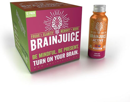 BrainJuice Active Focus & Energy Drink Shots, Supports Endurance, Recovery & Clarity, Non-GMO, Gluten Free, Nootropics, Alpha GPC, B Vitamins & Organic Green Tea, Pomegranate Acai, 2.5 fl oz, 12 Pack